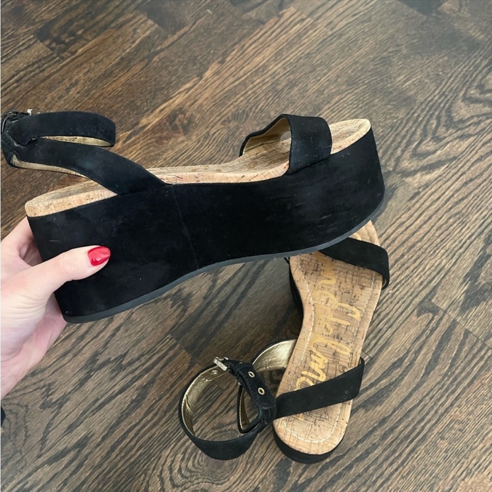 Sam Edelman Y2K Henley Suede Black Strappy Chunky Platform Wedge Sandal Shoe 8.5 - Picture 5 of 6